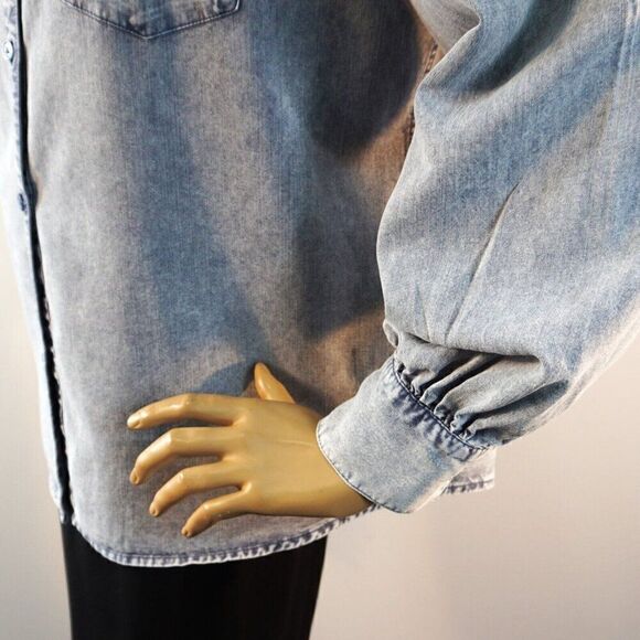 Rails Ada Blue Acid Wash Puff Shoulder Lyocell Linen Buttoned Chambray Shirt L - Picture 5 of 14